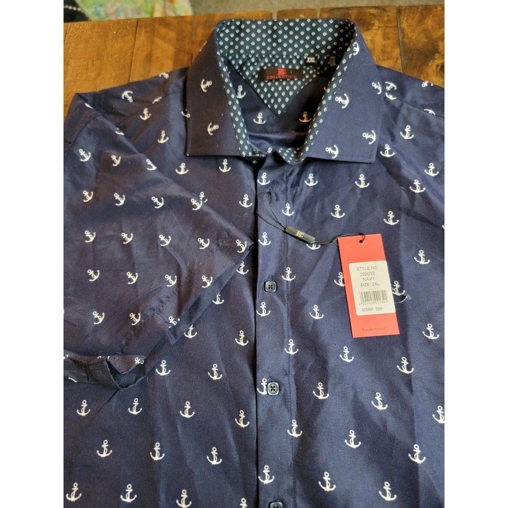 BC Collection Anchor Print Shirt Mens 2XL Navy Blue NEW Short Sleeve Button Up